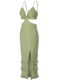 Fashion Retro Stage 1960s Solid Tassel Hem Suspender Dress Green
