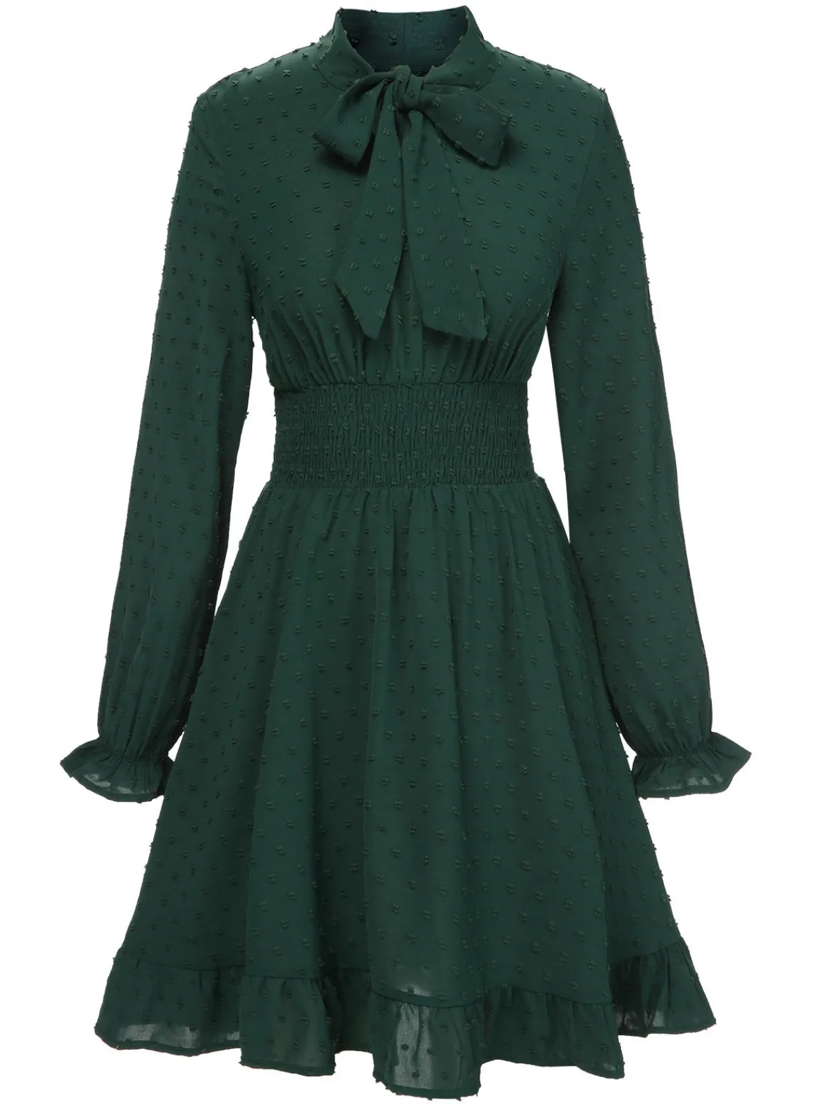Sale Retro Stage 1940s Solid Textured Bow Collar Dress Green
