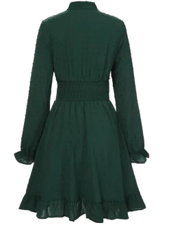 Sale Retro Stage 1940s Solid Textured Bow Collar Dress Green