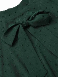 Sale Retro Stage 1940s Solid Textured Bow Collar Dress Green