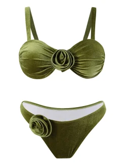 Sale Retro Stage 1960s Solid Velvet 3D Rose Bikini Set Green