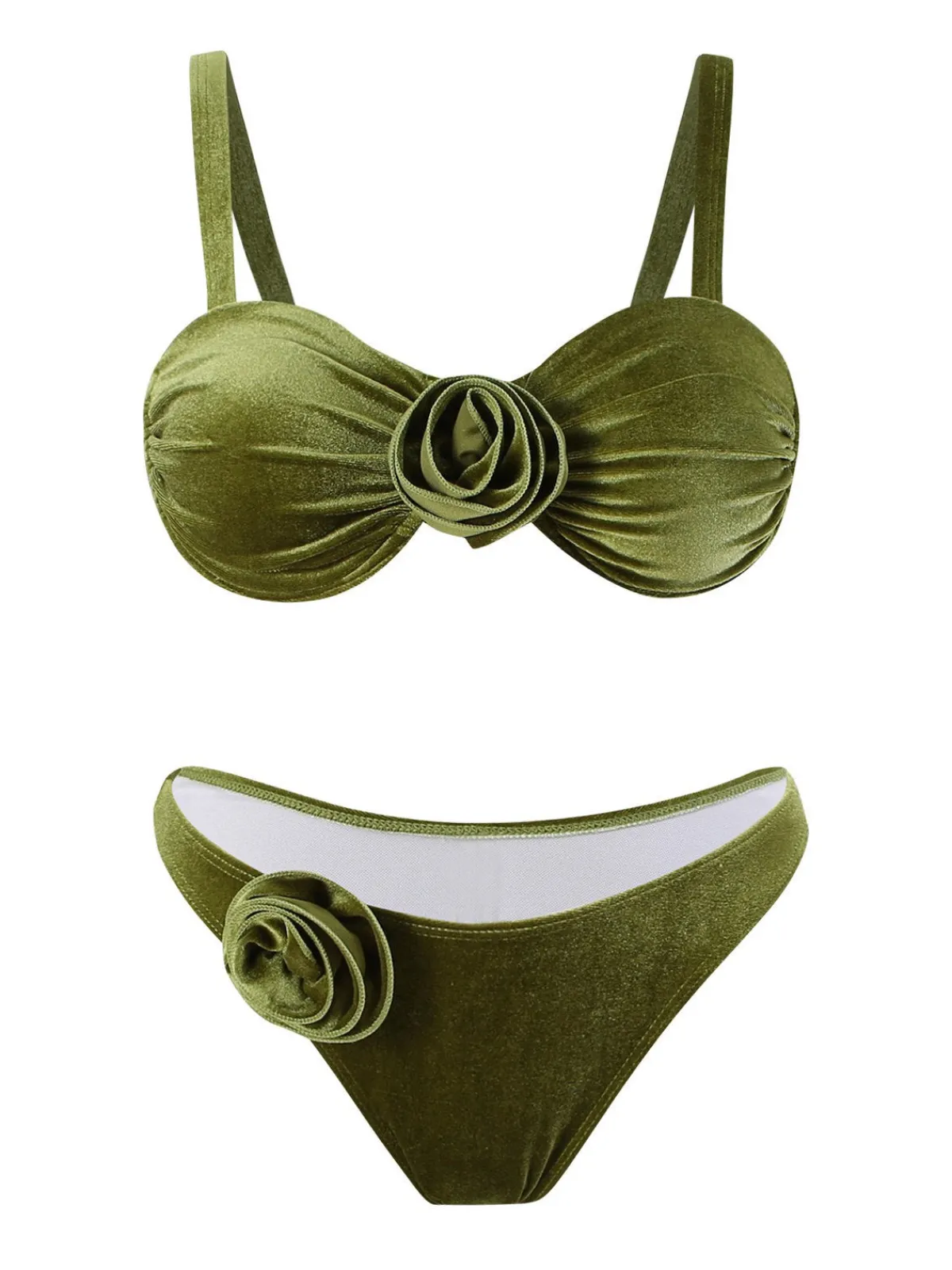 Sale Retro Stage 1960s Solid Velvet 3D Rose Bikini Set Green