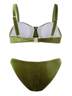 Sale Retro Stage 1960s Solid Velvet 3D Rose Bikini Set Green