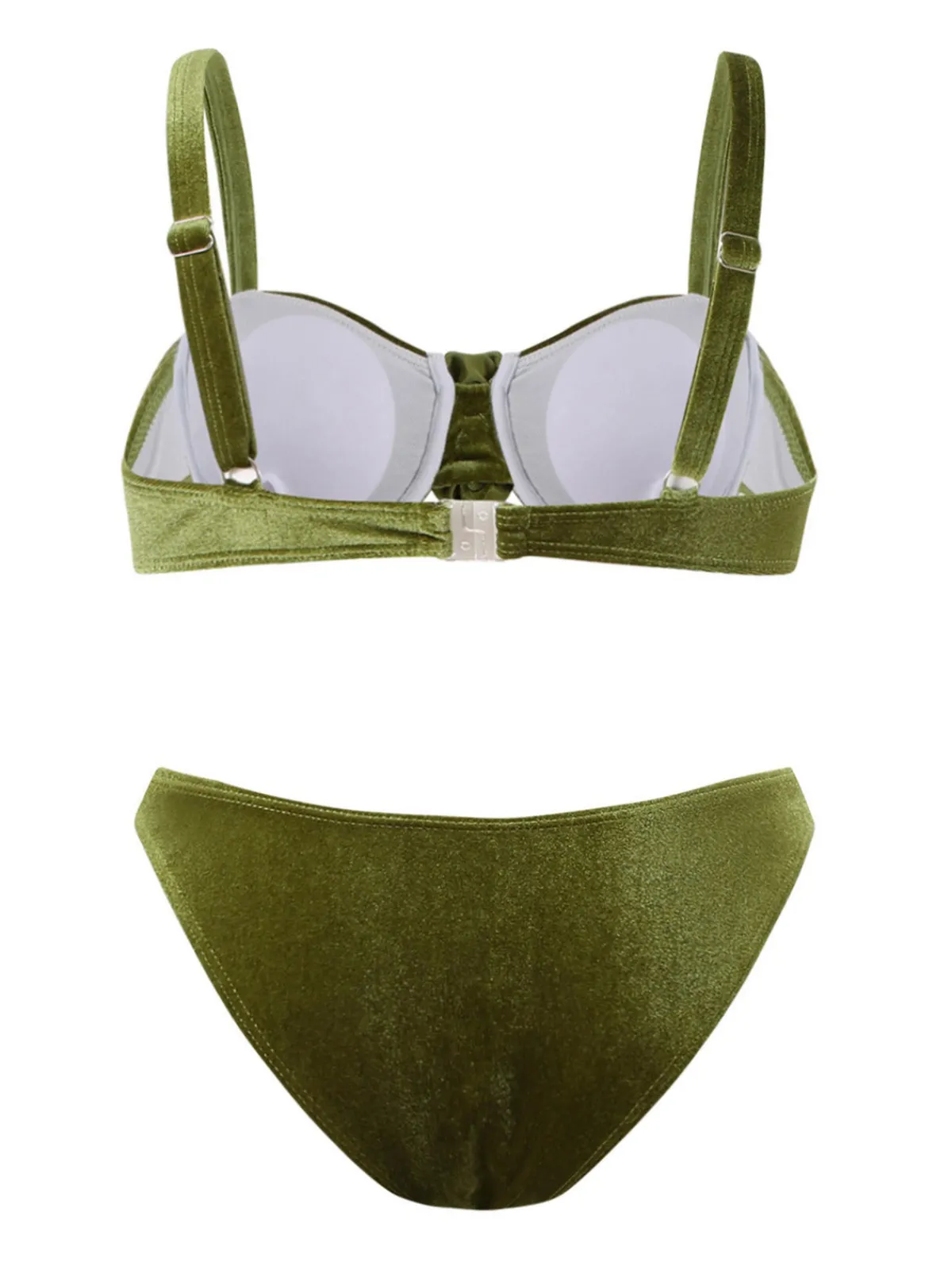 Sale Retro Stage 1960s Solid Velvet 3D Rose Bikini Set Green