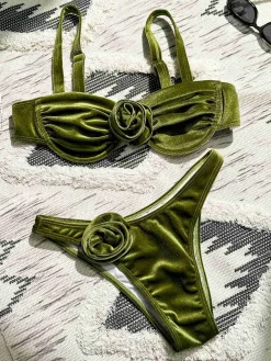 Sale Retro Stage 1960s Solid Velvet 3D Rose Bikini Set Green