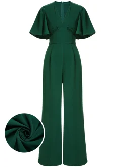 New Retro Stage 1930s Solid V-Neck Jumpsuit Green