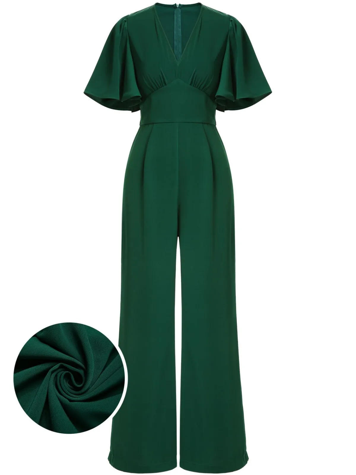 New Retro Stage 1930s Solid V-Neck Jumpsuit Green