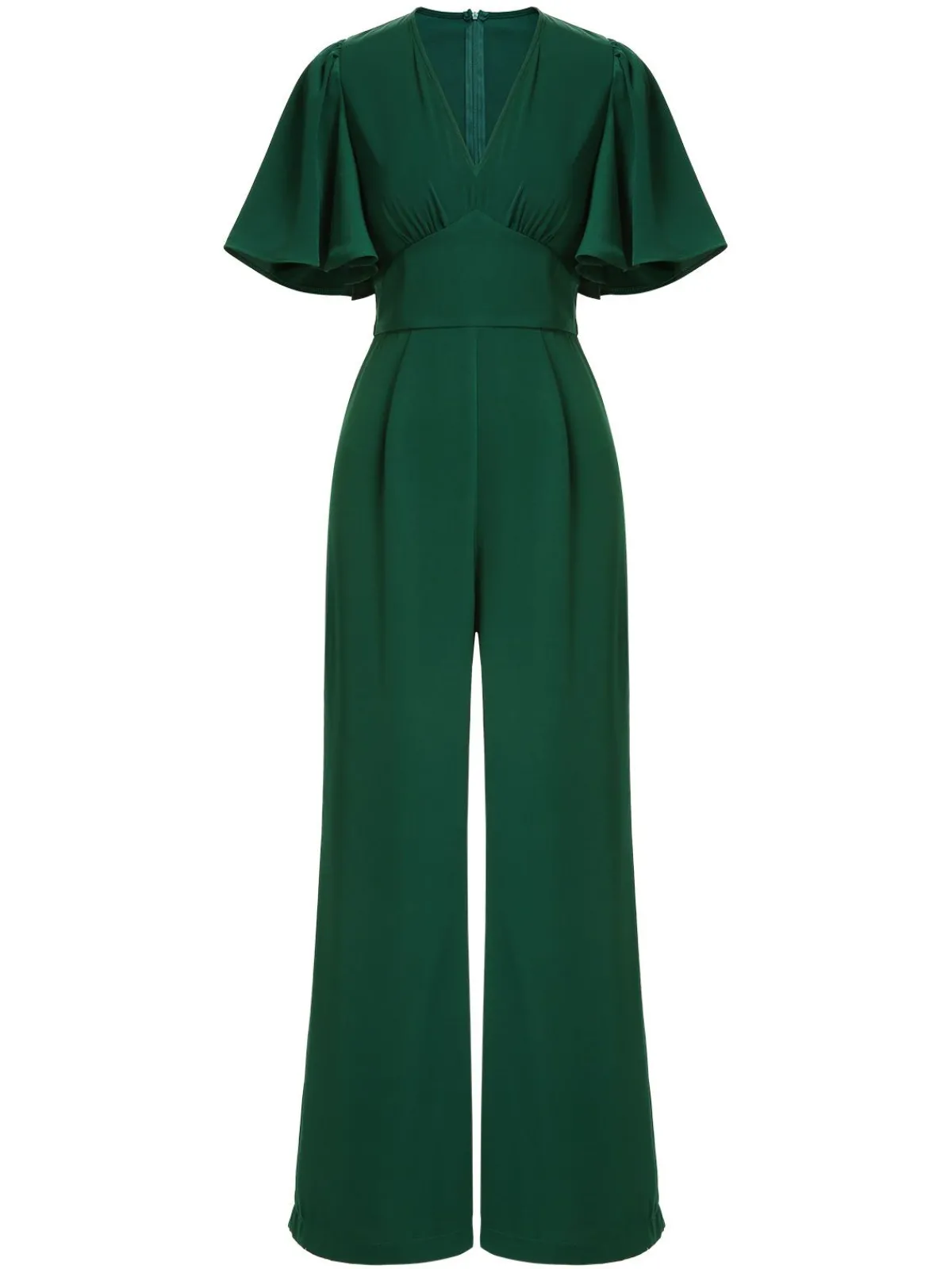 New Retro Stage 1930s Solid V-Neck Jumpsuit Green