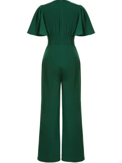 New Retro Stage 1930s Solid V-Neck Jumpsuit Green