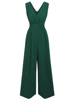 Hot Retro Stage Green 1940s Solid V-Neck Wide-Leg Jumpsuit Military Green