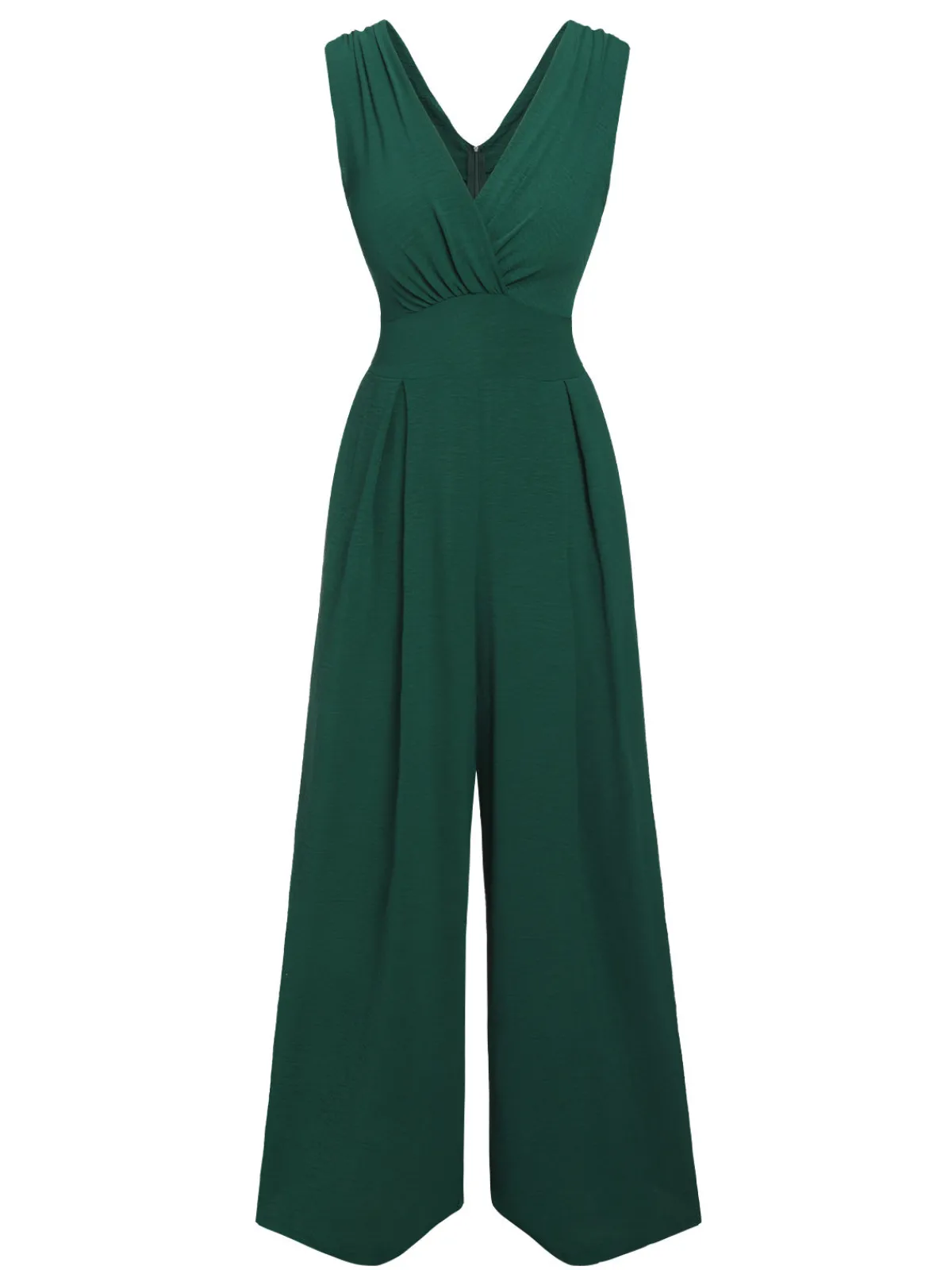 Hot Retro Stage Green 1940s Solid V-Neck Wide-Leg Jumpsuit Military Green