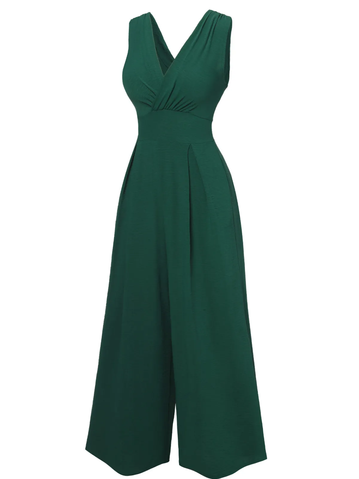 Hot Retro Stage Green 1940s Solid V-Neck Wide-Leg Jumpsuit Military Green