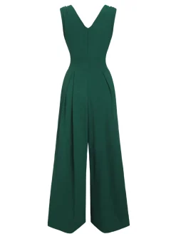 Hot Retro Stage Green 1940s Solid V-Neck Wide-Leg Jumpsuit Military Green