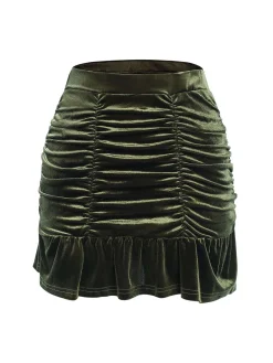 New Retro Stage 1960s Solid Wrinkles Velvet Skirt Green