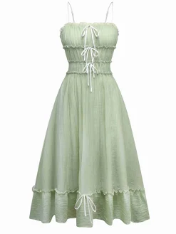 Sale Retro Stage 1940s Spaghetti Strap Bow-tied Dress Green