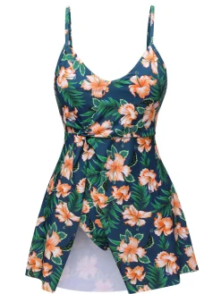 Online Retro Stage 1950s Spaghetti Strap Floral Swimsuit Green