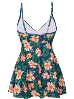 Online Retro Stage 1950s Spaghetti Strap Floral Swimsuit Green