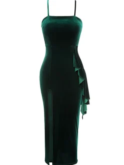 Discount Retro Stage 1930s Spaghetti Strap Velvet Slit Dress Green