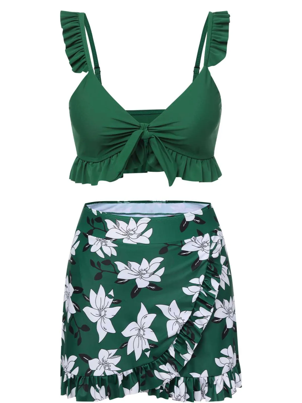 Online Retro Stage 1960s Strap Floral Ruffles Swimsuit Green
