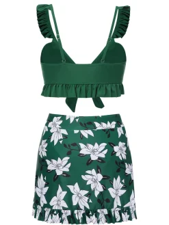 Online Retro Stage 1960s Strap Floral Ruffles Swimsuit Green