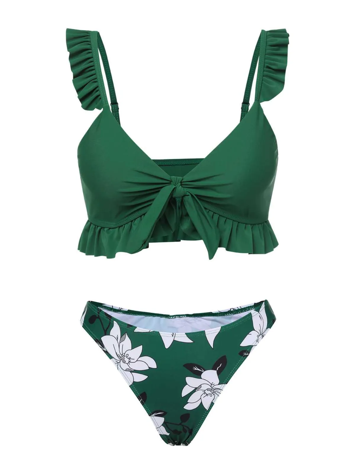 Online Retro Stage 1960s Strap Floral Ruffles Swimsuit Green