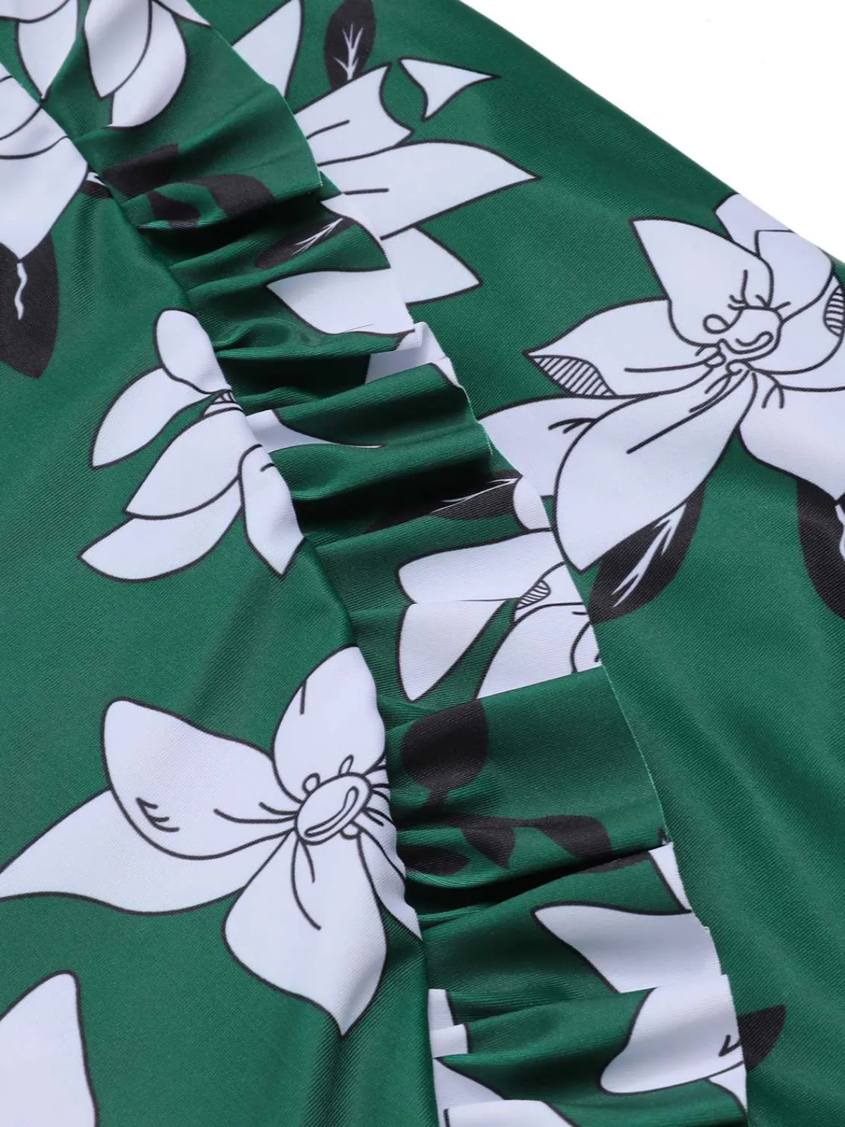 Online Retro Stage 1960s Strap Floral Ruffles Swimsuit Green