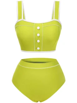 New Retro Stage 1930s Strap High Waist Button Swimsuit Green