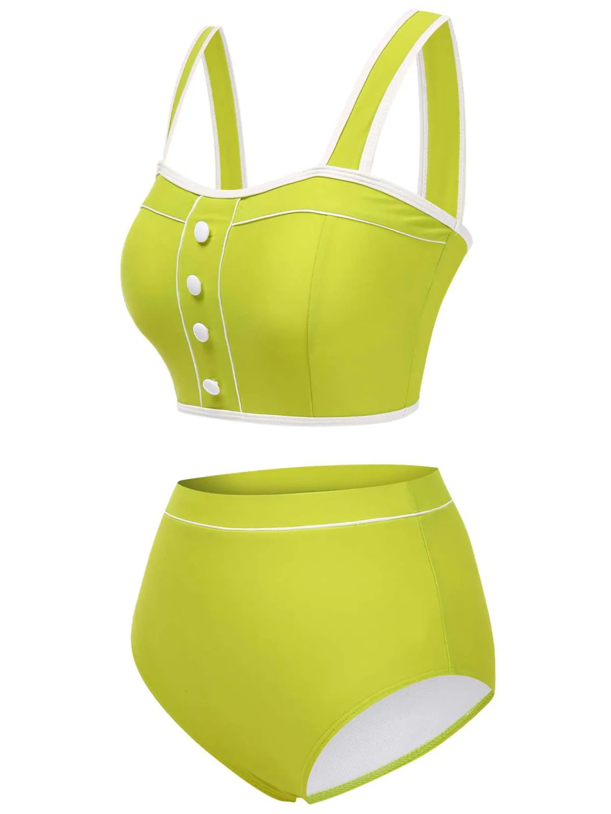 New Retro Stage 1930s Strap High Waist Button Swimsuit Green