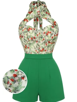 Sale Retro Stage 1950s Strawberry Halter Romper Green