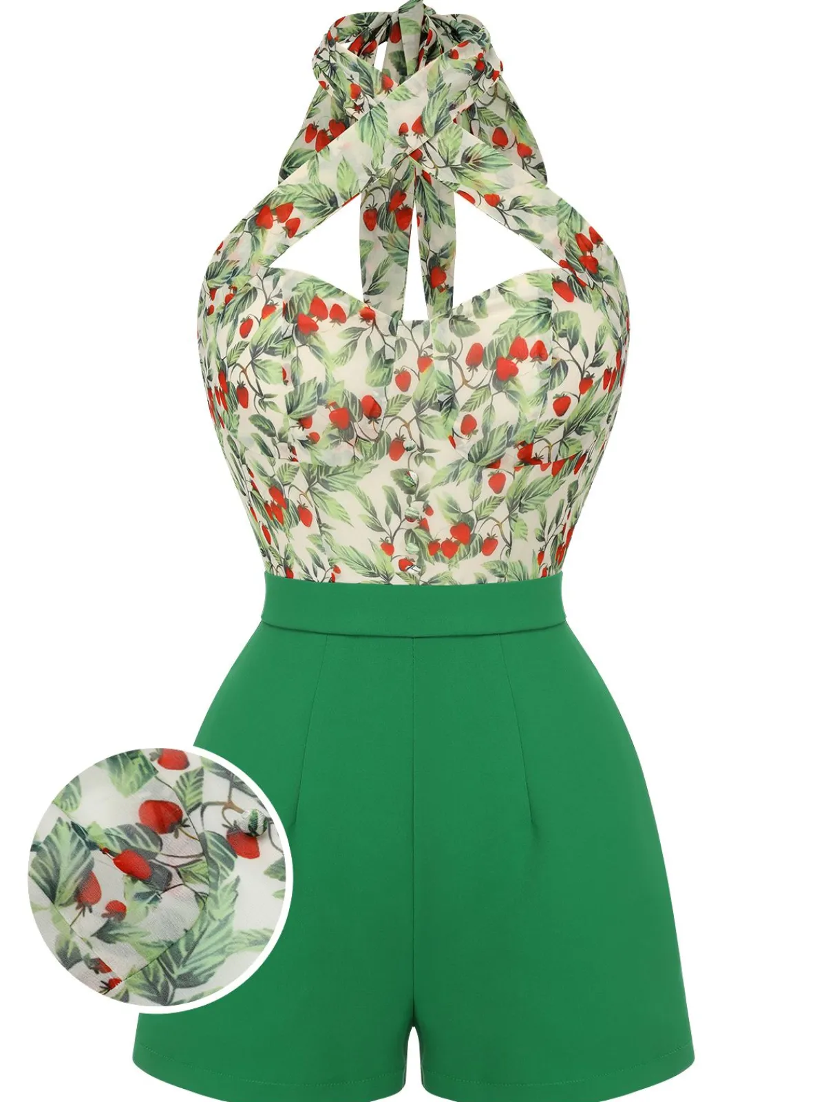 Sale Retro Stage 1950s Strawberry Halter Romper Green