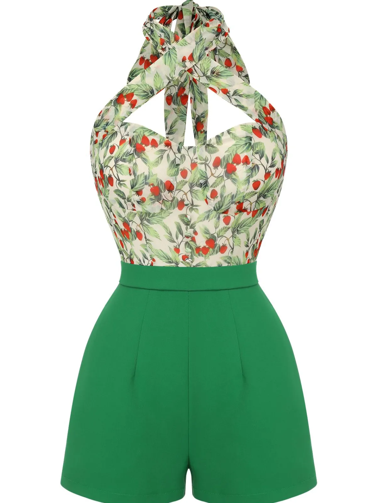 Sale Retro Stage 1950s Strawberry Halter Romper Green