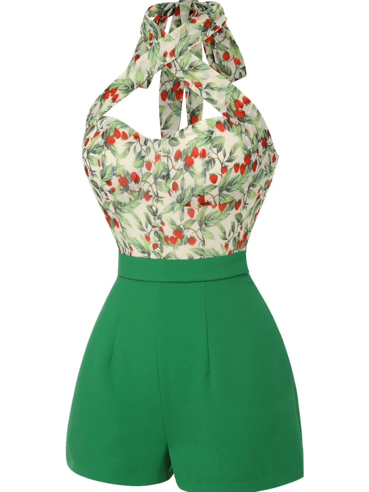 Sale Retro Stage 1950s Strawberry Halter Romper Green