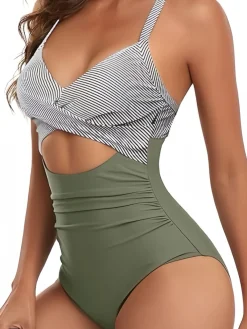Best Retro Stage Green 1940s Stripe Patchwork Hollow One-Piece Swimsuit