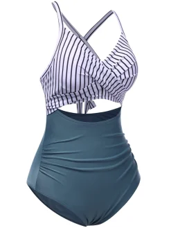Best Retro Stage Green 1940s Stripe Patchwork Hollow One-Piece Swimsuit