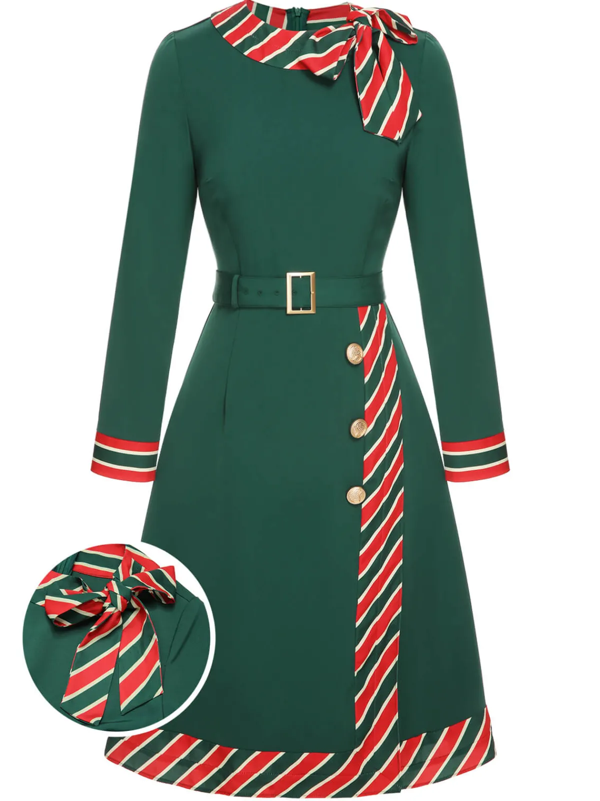 New Retro Stage 1940s Stripe Patchwork Dress With Belt Green