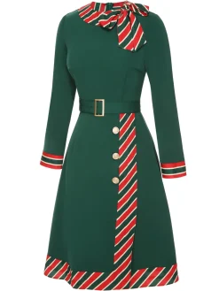 New Retro Stage 1940s Stripe Patchwork Dress With Belt Green