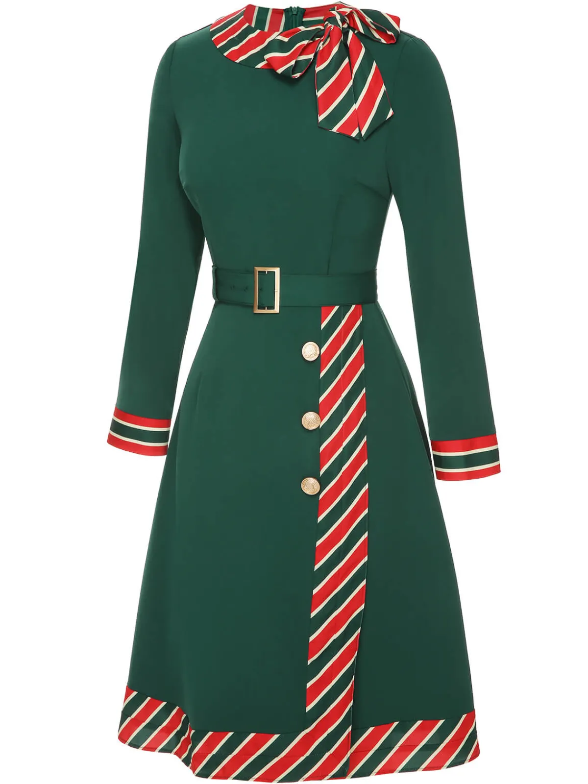 New Retro Stage 1940s Stripe Patchwork Dress With Belt Green