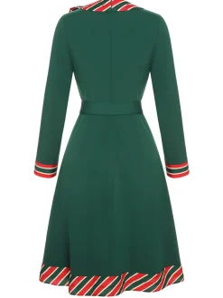 New Retro Stage 1940s Stripe Patchwork Dress With Belt Green