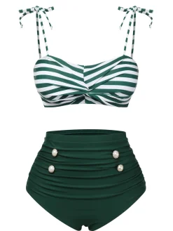 Best Retro Stage 1960s Stripe Shoulder Straps Swimsuit Green