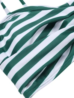 Best Retro Stage 1960s Stripe Shoulder Straps Swimsuit Green