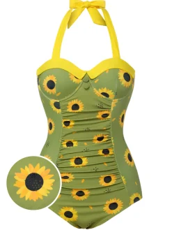 Clearance Retro Stage 1930s Sunflowers Halter Swimsuit Green
