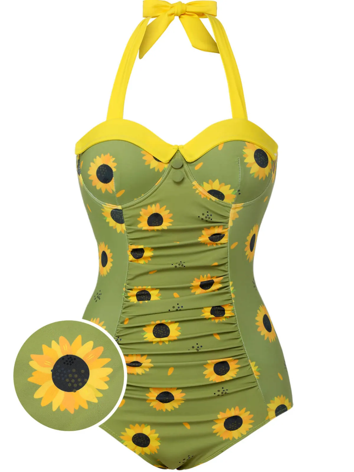 Clearance Retro Stage 1930s Sunflowers Halter Swimsuit Green