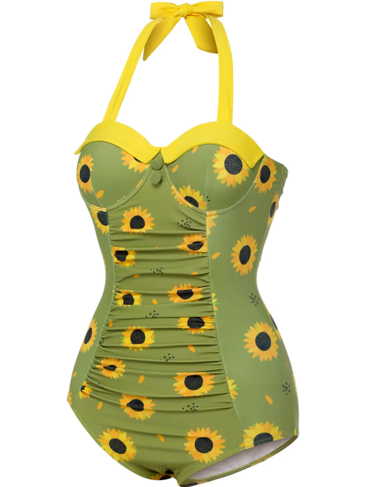 Clearance Retro Stage 1930s Sunflowers Halter Swimsuit Green