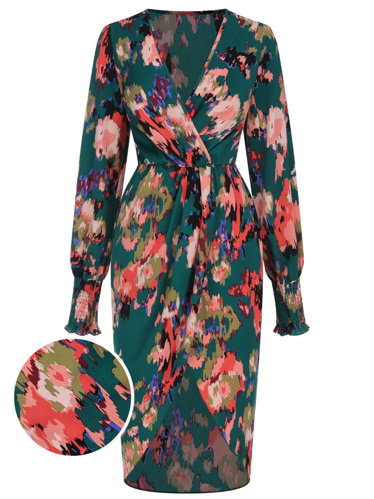 Best Retro Stage 1980s Surplice Floral Tulip Hem Dress Green