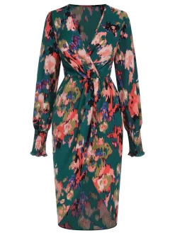 Best Retro Stage 1980s Surplice Floral Tulip Hem Dress Green