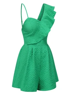 Best Retro Stage 1950s Suspender Ruffle Sleeves Textured Romper Green
