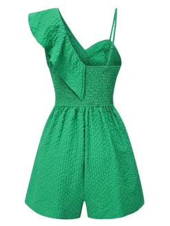 Best Retro Stage 1950s Suspender Ruffle Sleeves Textured Romper Green