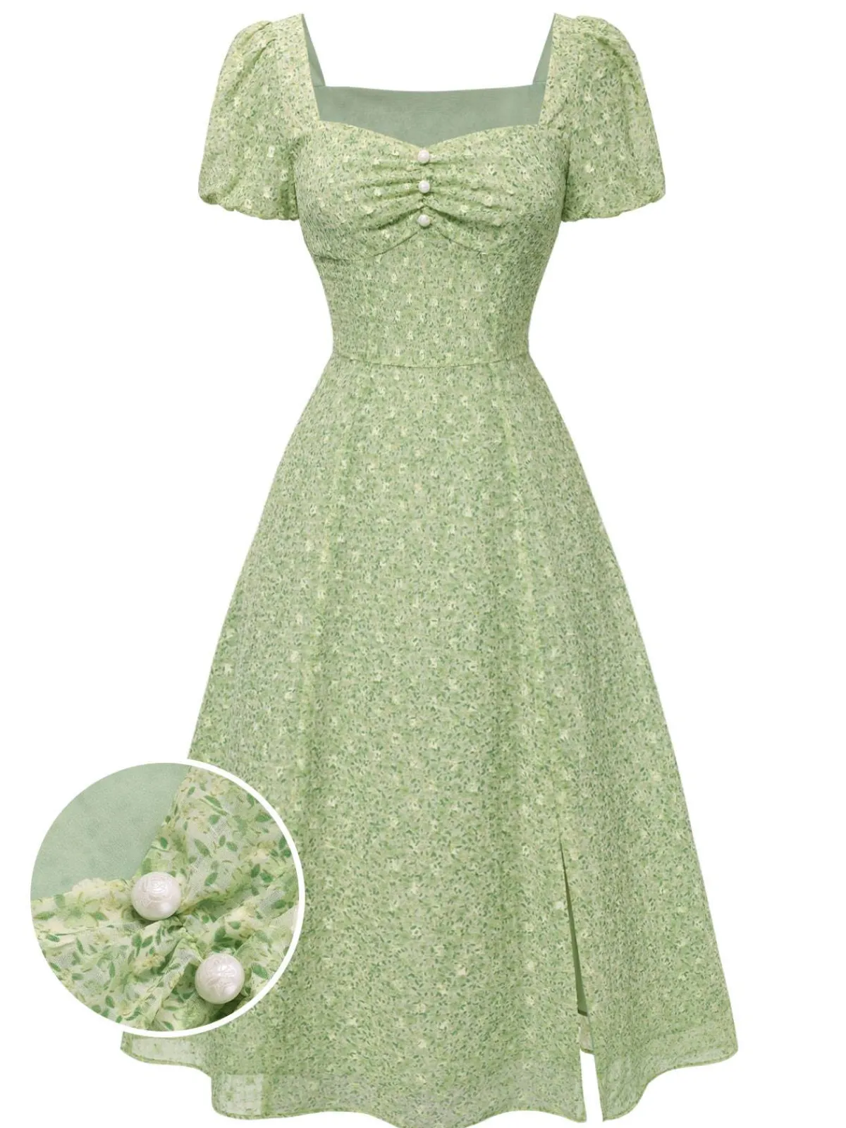 New Retro Stage Green 1940s Sweetheart Ditsy Floral Dress Light Green
