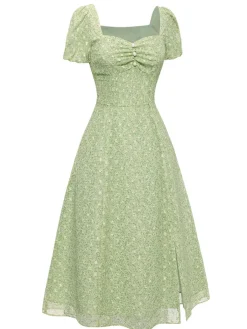 New Retro Stage Green 1940s Sweetheart Ditsy Floral Dress Light Green