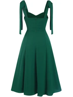Discount Retro Stage 1940s Sweetheart Neck Lace-Up Slit Dress Green
